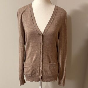 Lord and Taylor 100% Extra Fine Merino Wool Tan V Neck Cardigan Sweater. Size M